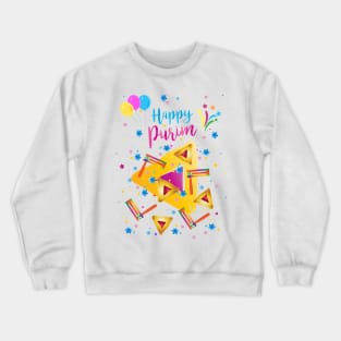 Purim Festival Kids Party Gifts Basket with Hamantaschen cookies, gragger traditional symbols. Jewish Holiday Crewneck Sweatshirt